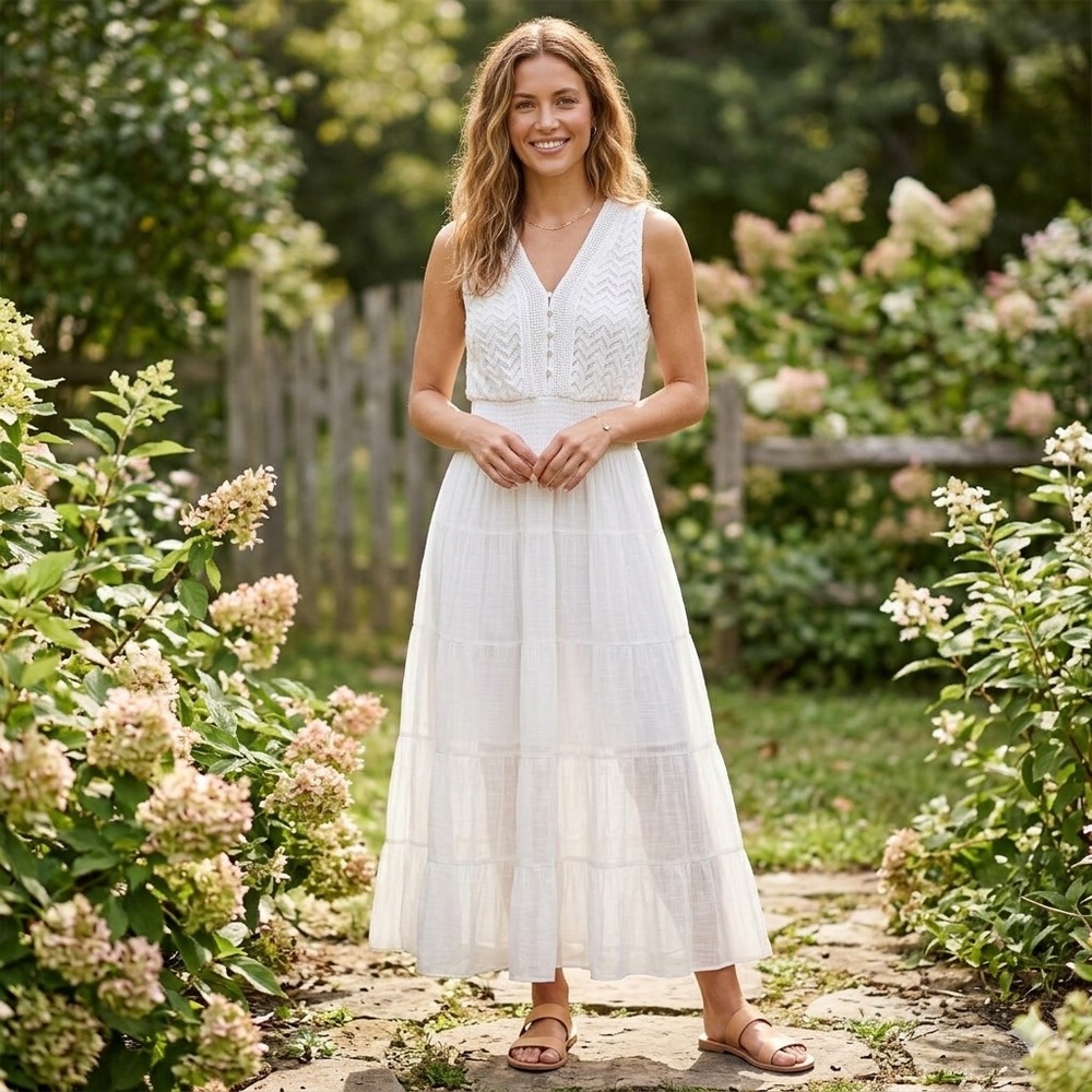 Kings Road White Cotton Lace Maxi Dress‎ Tiered Peasant Boho Cottagecore V-Neck